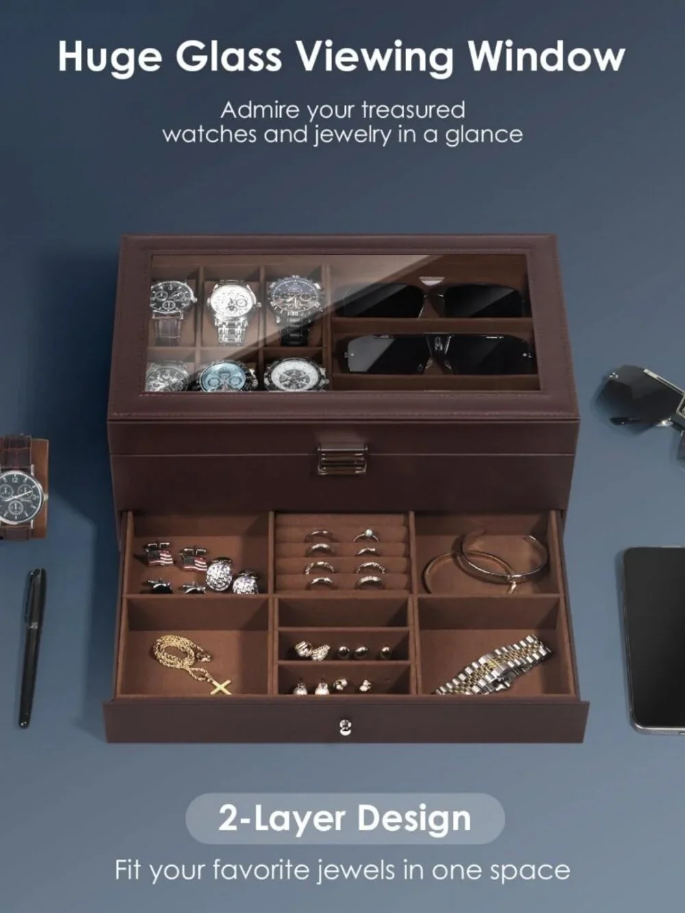 6-Slot Watch Jewelry Box Organizer with Glass Lid, Men's Storage Case & Lock